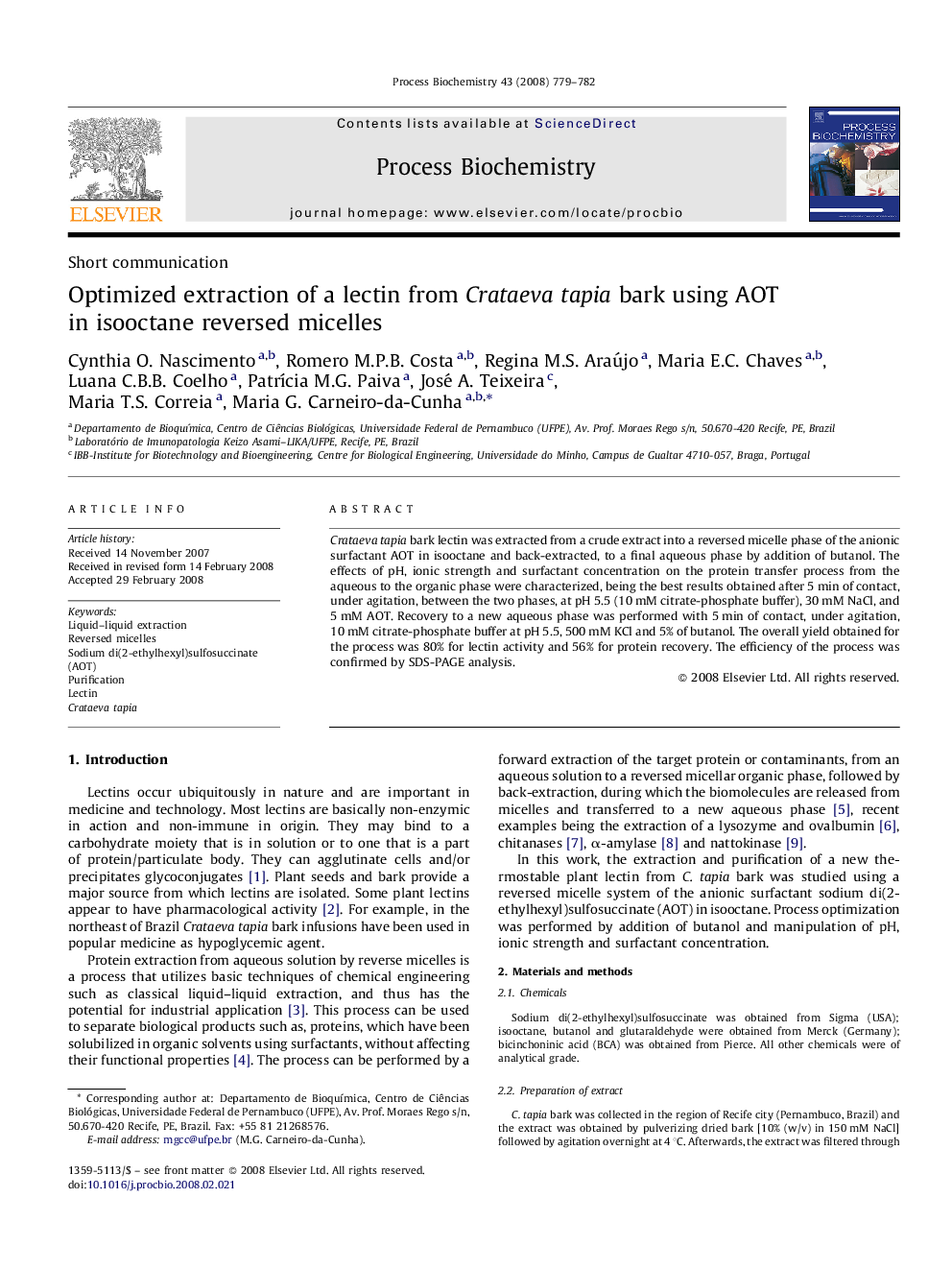 Optimized extraction of a lectin from Crataeva tapia bark using AOT in isooctane reversed micelles