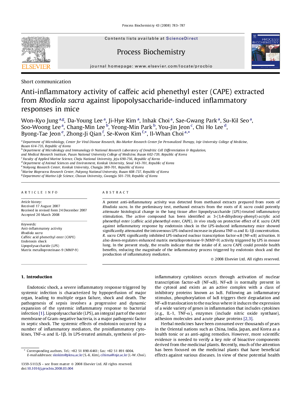 Anti-inflammatory activity of caffeic acid phenethyl ester (CAPE) extracted from Rhodiola sacra against lipopolysaccharide-induced inflammatory responses in mice