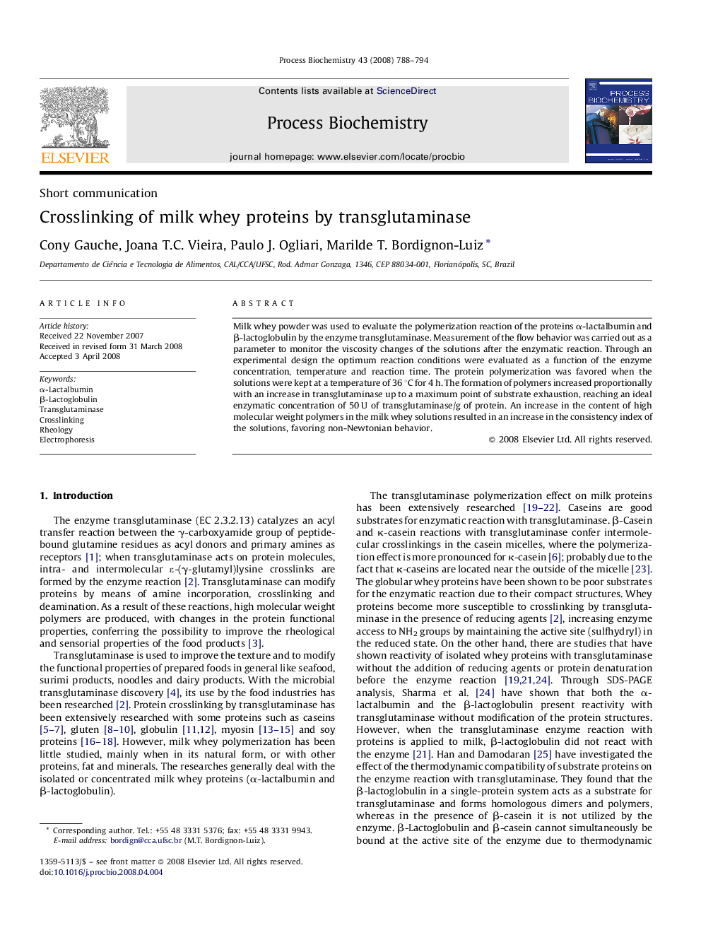 Crosslinking of milk whey proteins by transglutaminase