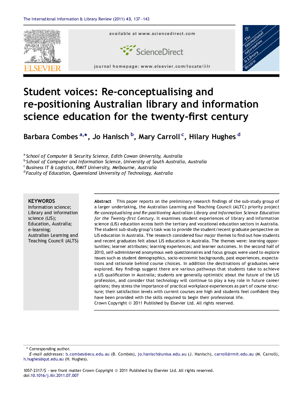 Student voices: Re-conceptualising and re-positioning Australian library and information science education for the twenty-first century