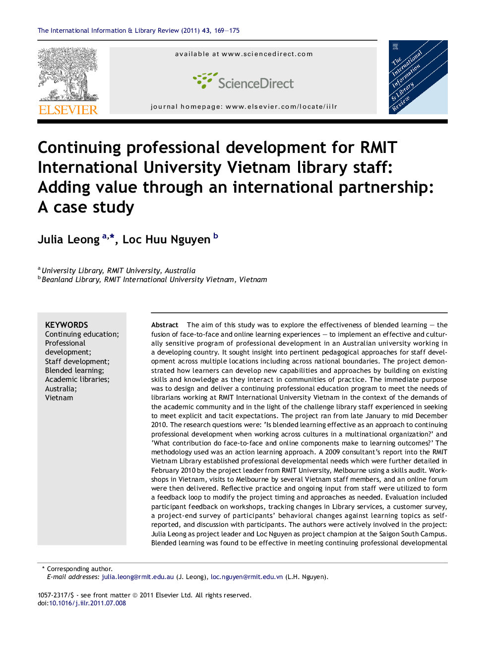 ادامه توسعه حرفه ای برای کارکنان کتابخانه دانشگاه RMIT بین المللی ویتنام : افزودن ارزش از طریق یک همکاری بین المللی: مطالعه موردی