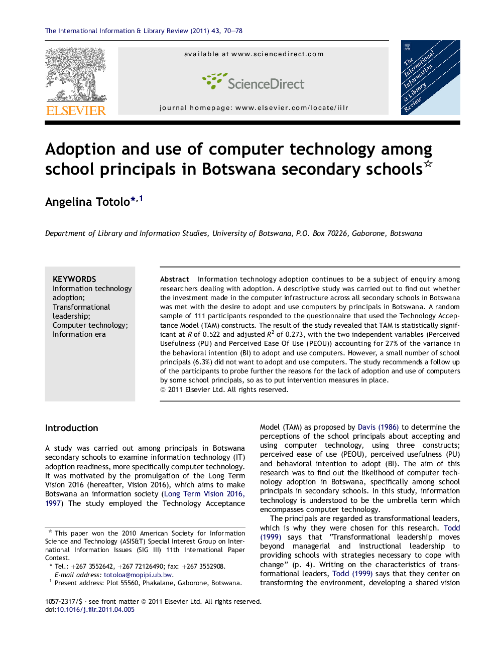 Adoption and use of computer technology among school principals in Botswana secondary schools