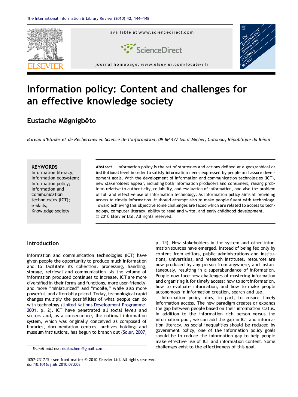 Information policy: Content and challenges for an effective knowledge society