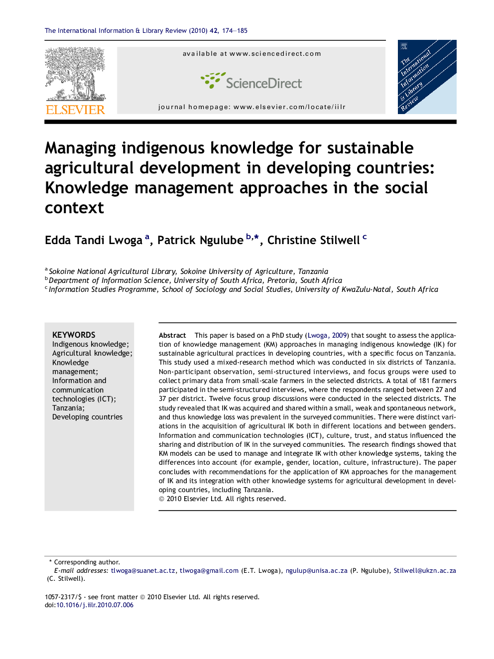 Managing indigenous knowledge for sustainable agricultural development in developing countries: Knowledge management approaches in the social context