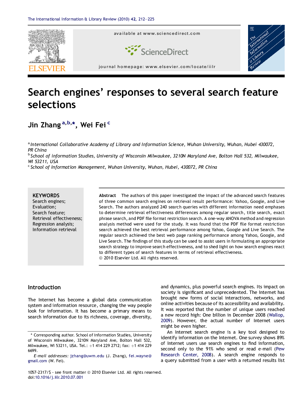 Search engines’ responses to several search feature selections