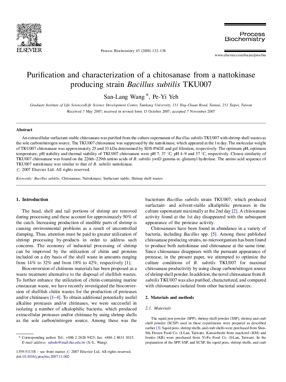 Purification and characterization of a chitosanase from a nattokinase producing strain Bacillus subtilis TKU007