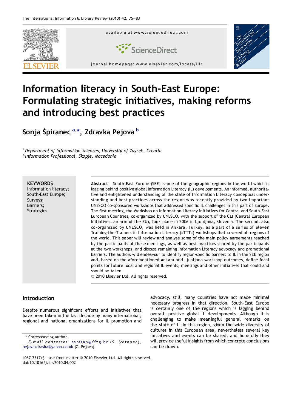 Information literacy in South-East Europe: Formulating strategic initiatives, making reforms and introducing best practices