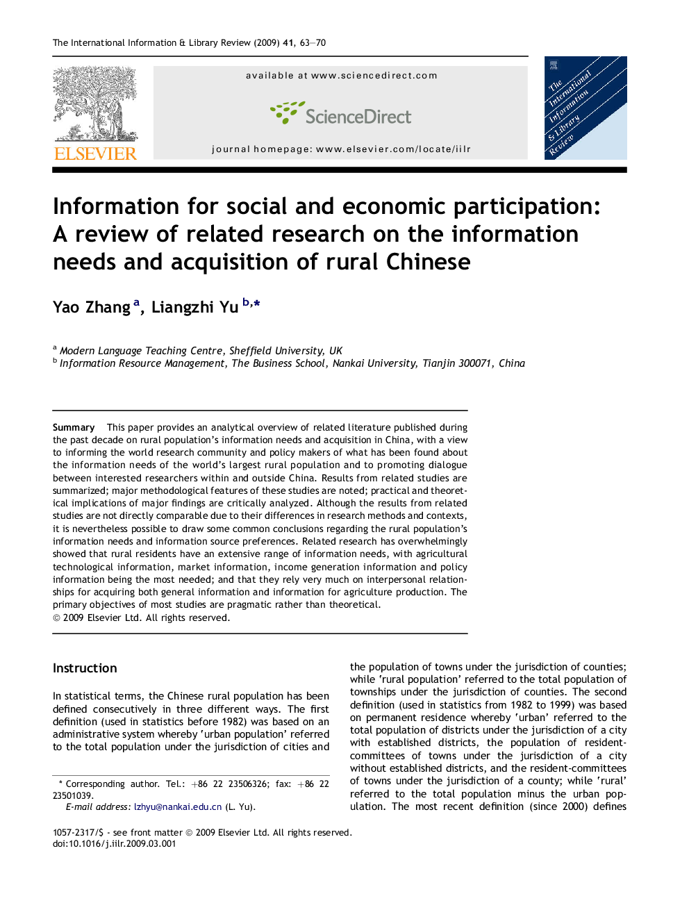 Information for social and economic participation: A review of related research on the information needs and acquisition of rural Chinese
