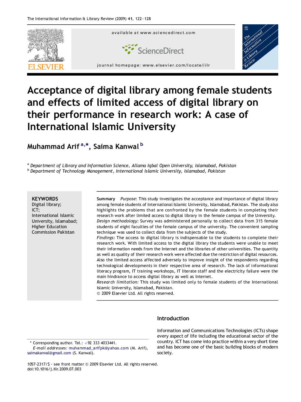 Acceptance of digital library among female students and effects of limited access of digital library on their performance in research work: A case of International Islamic University