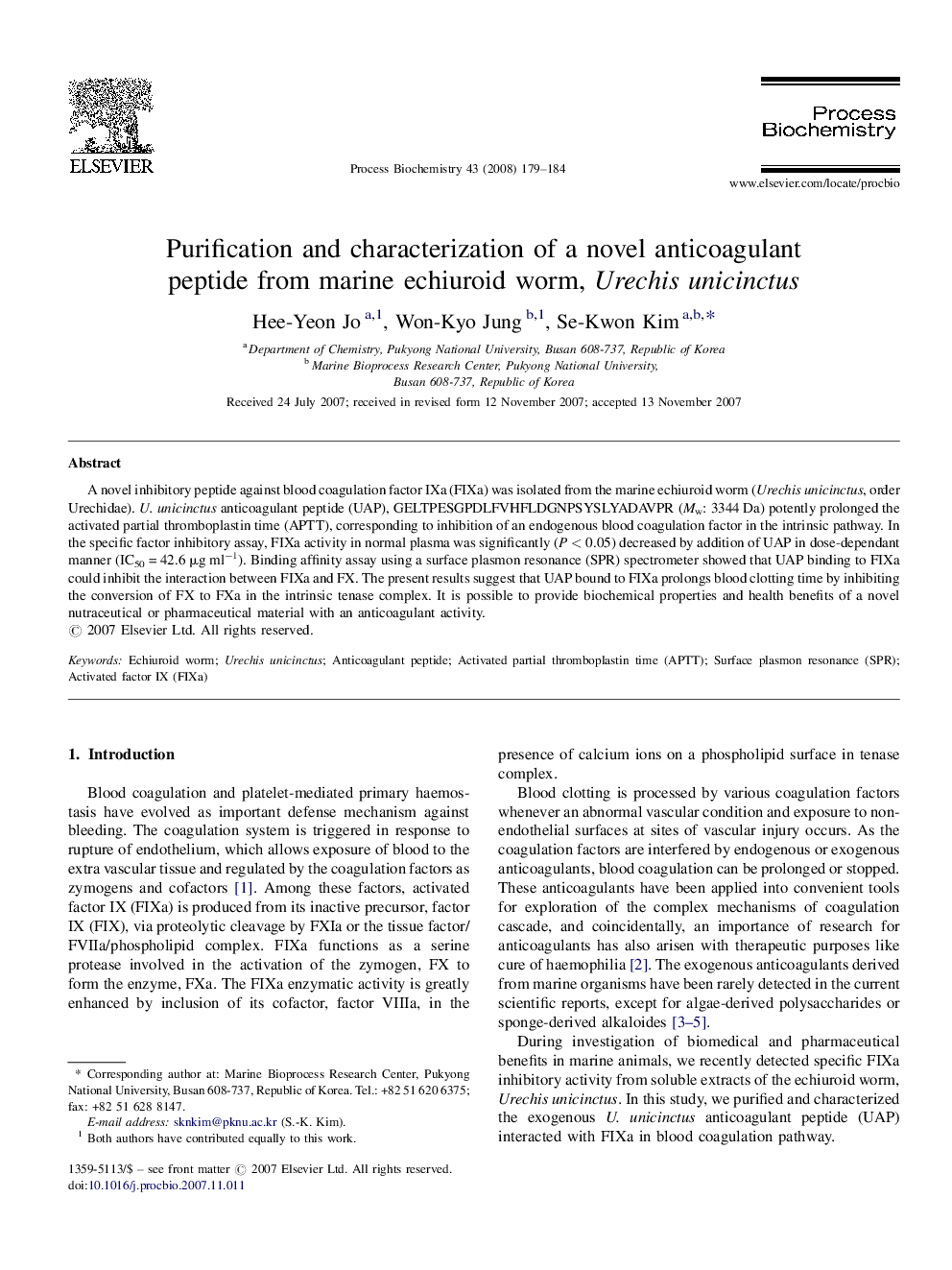 Purification and characterization of a novel anticoagulant peptide from marine echiuroid worm, Urechis unicinctus