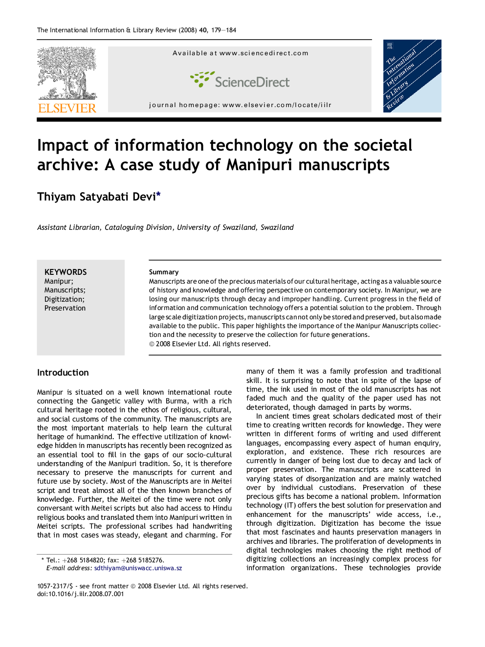 Impact of information technology on the societal archive: A case study of Manipuri manuscripts