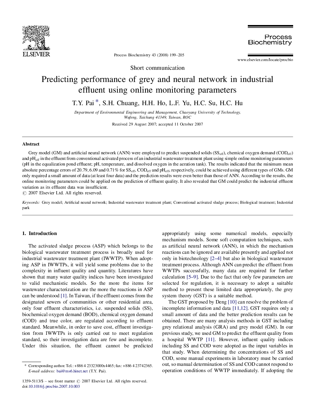 Predicting performance of grey and neural network in industrial effluent using online monitoring parameters