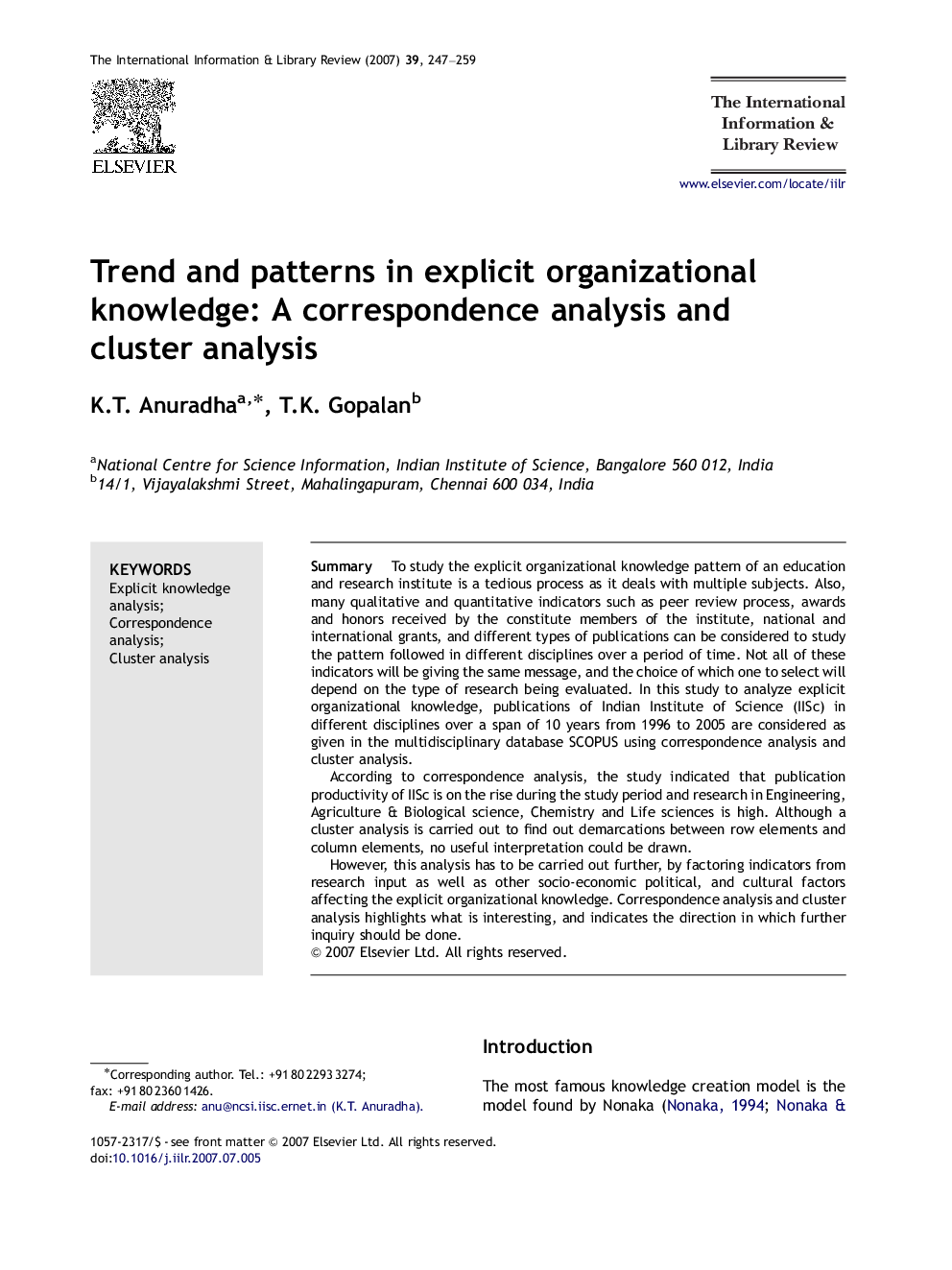 Trend and patterns in explicit organizational knowledge: A correspondence analysis and cluster analysis