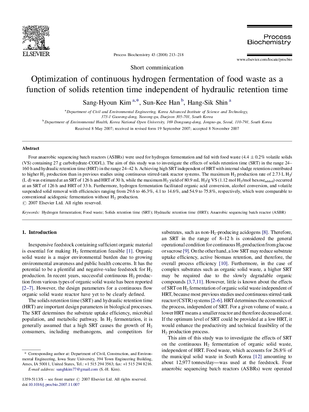 Optimization of continuous hydrogen fermentation of food waste as a function of solids retention time independent of hydraulic retention time