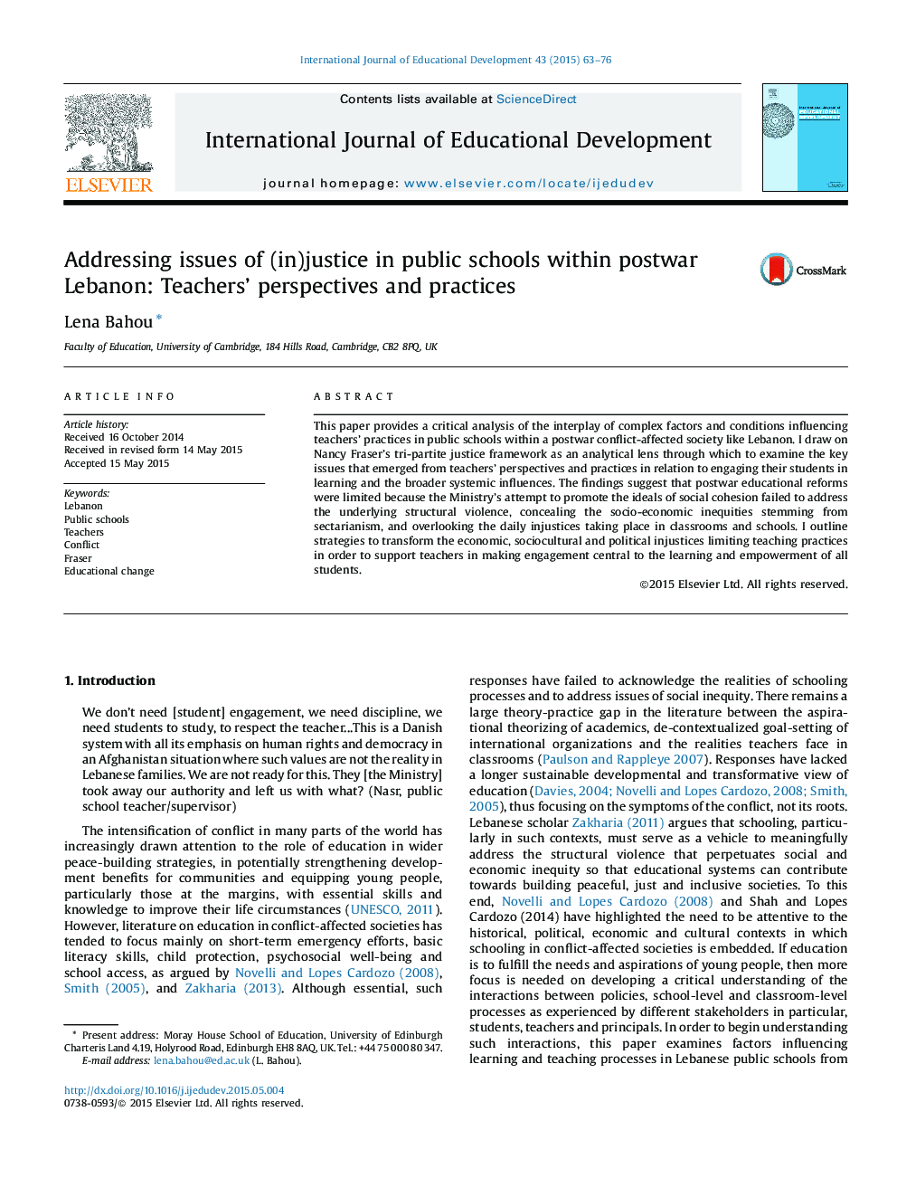 Addressing issues of (in)justice in public schools within postwar Lebanon: Teachers’ perspectives and practices