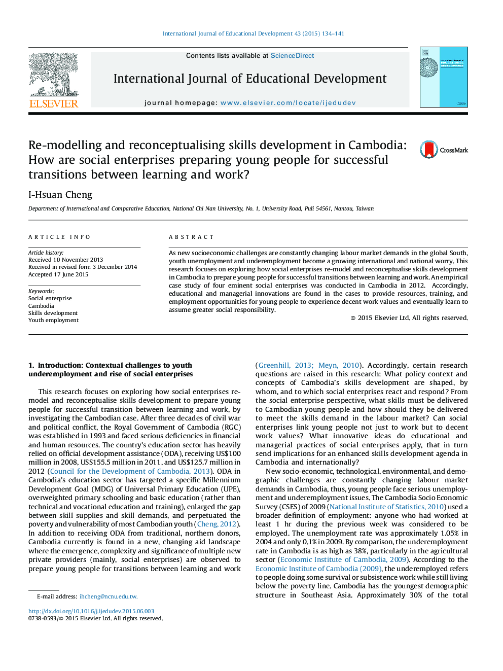 Re-modelling and reconceptualising skills development in Cambodia: How are social enterprises preparing young people for successful transitions between learning and work?