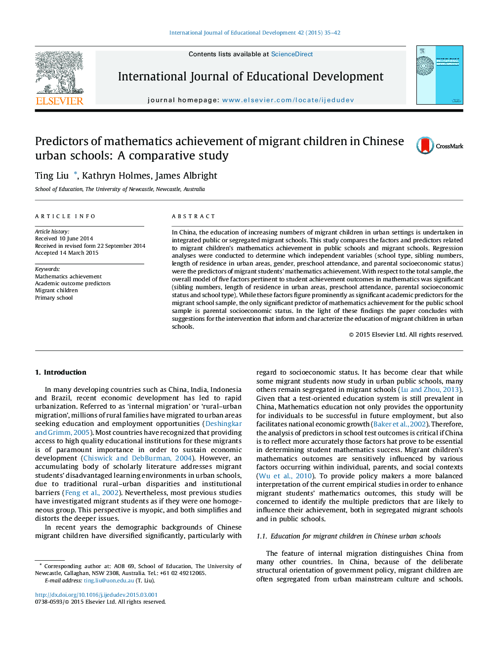 Predictors of mathematics achievement of migrant children in Chinese urban schools: A comparative study