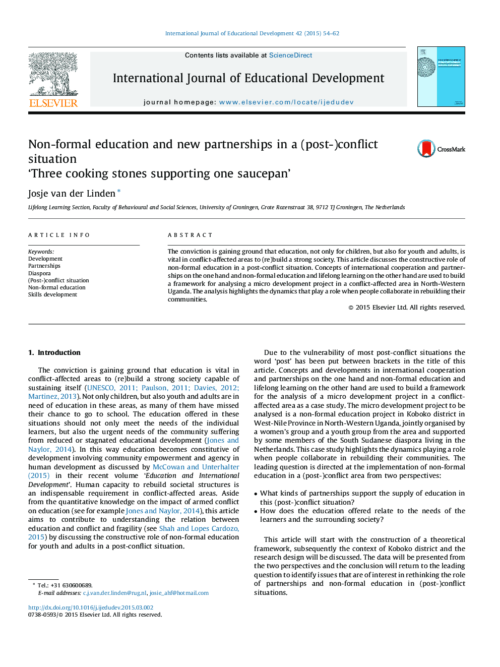 Non-formal education and new partnerships in a (post-)conflict situation: ‘Three cooking stones supporting one saucepan’