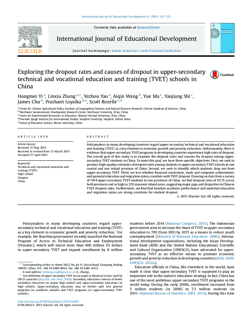 Exploring the dropout rates and causes of dropout in upper-secondary technical and vocational education and training (TVET) schools in China