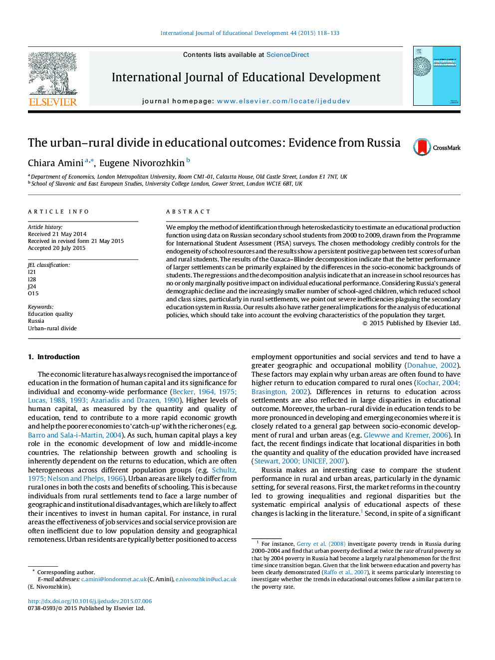 The urban–rural divide in educational outcomes: Evidence from Russia