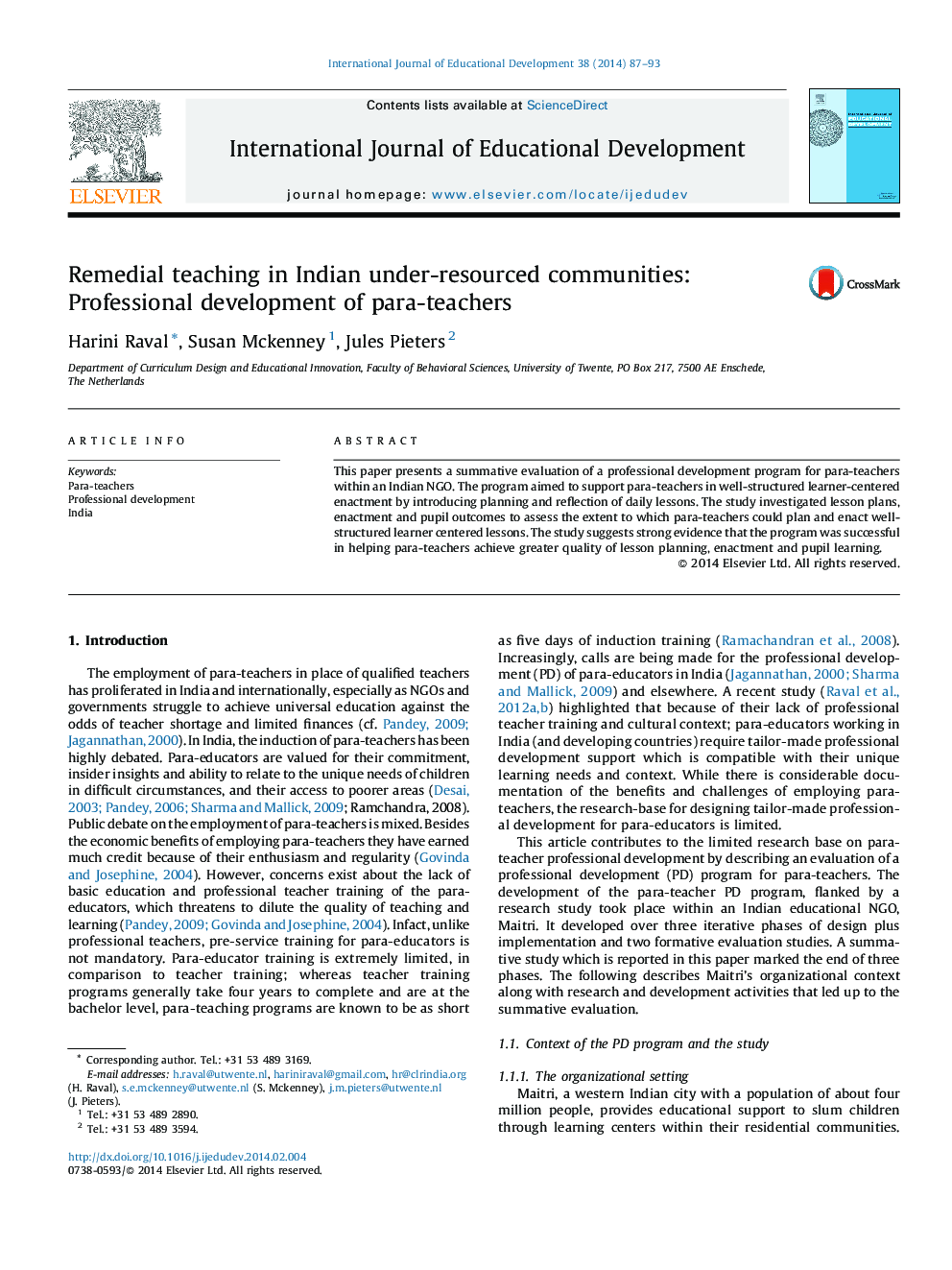Remedial teaching in Indian under-resourced communities: Professional development of para-teachers