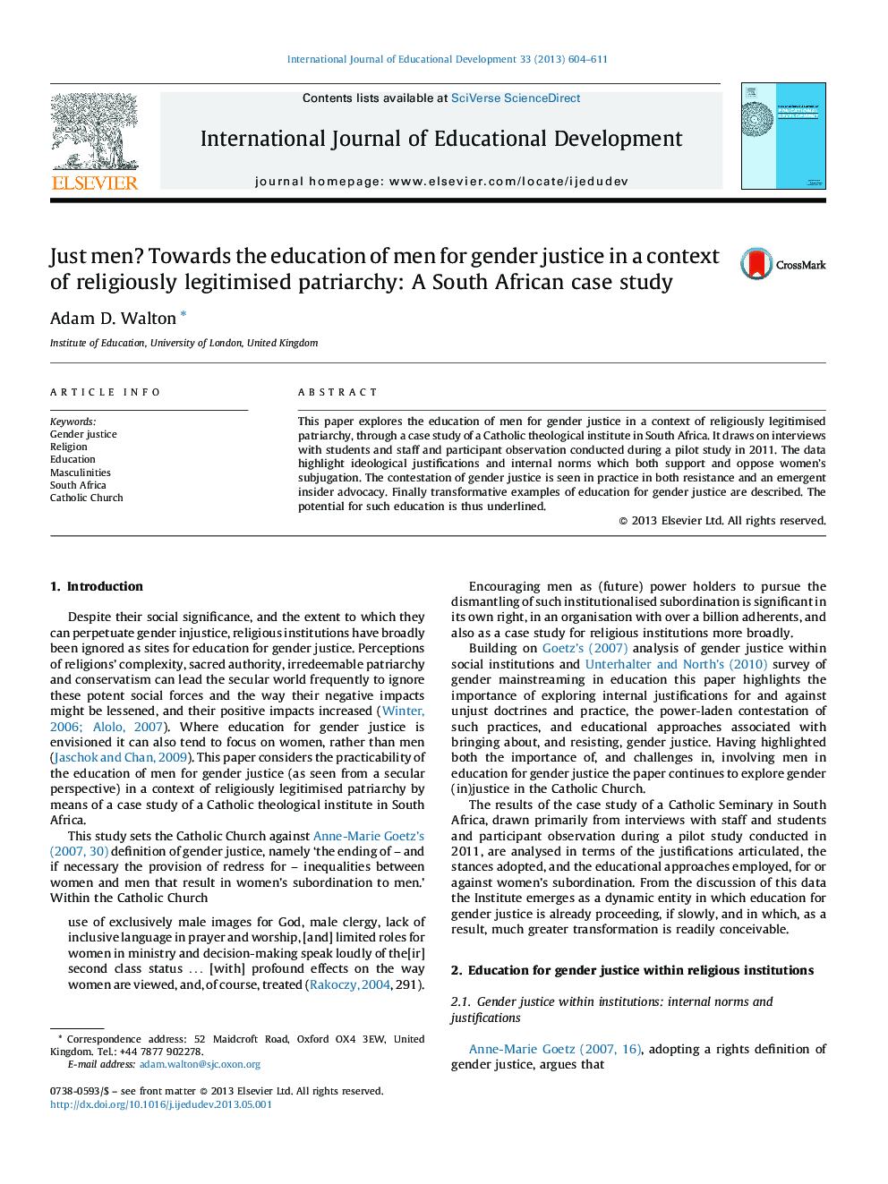 Just men? Towards the education of men for gender justice in a context of religiously legitimised patriarchy: A South African case study