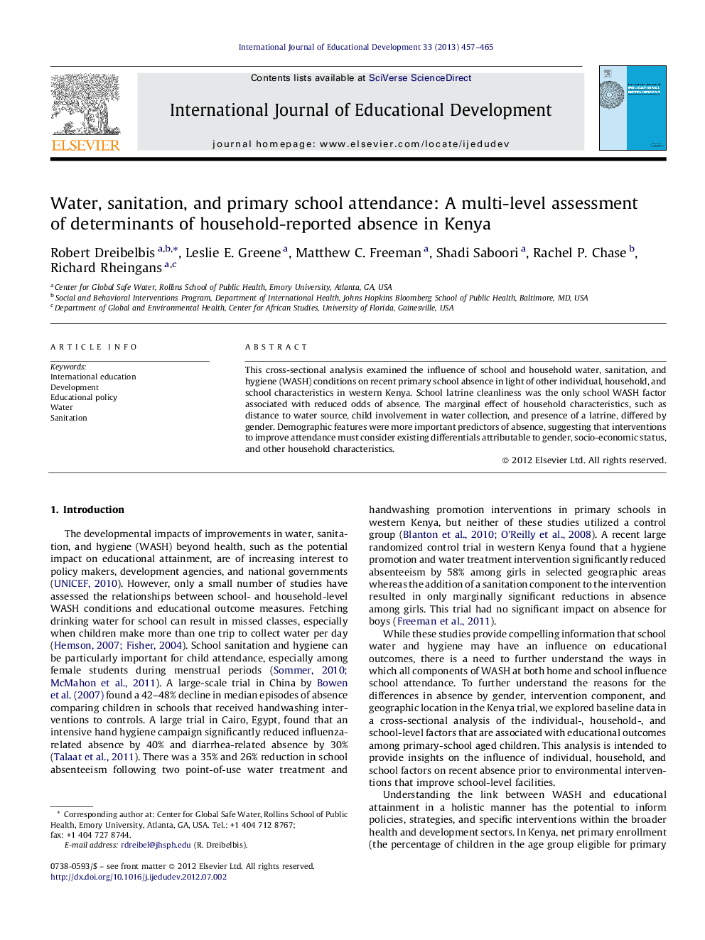 عکس صفحه اول مقاله: Water, sanitation, and primary school attendance: A multi-level assessment of determinants of household-reported absence in Kenya Water, sanitation, and primary school attendance: A multi-level assessment of determinants of household-reported absence in Kenya