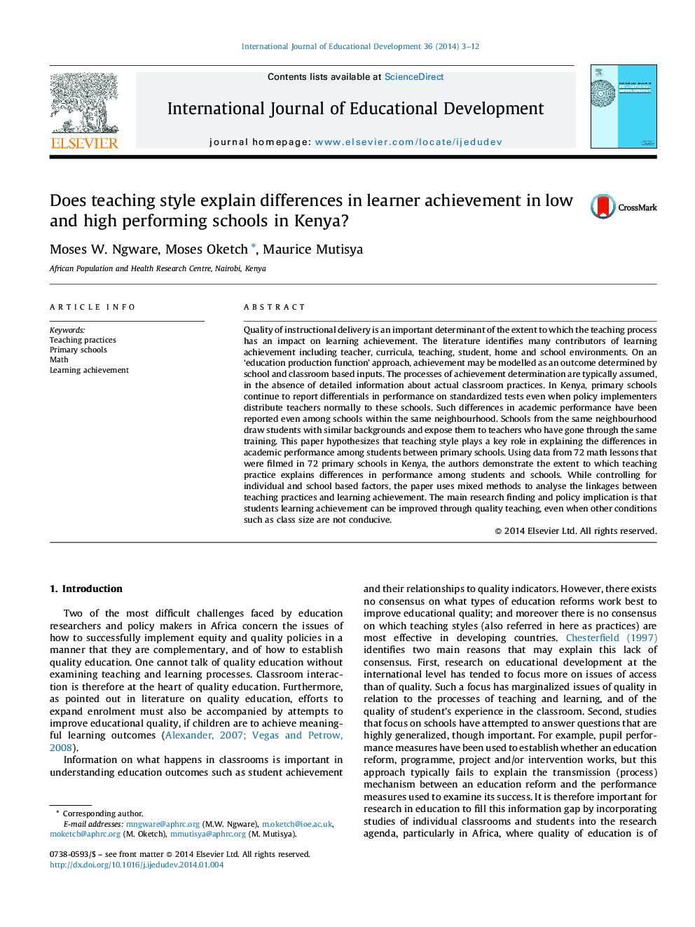 Does teaching style explain differences in learner achievement in low and high performing schools in Kenya?