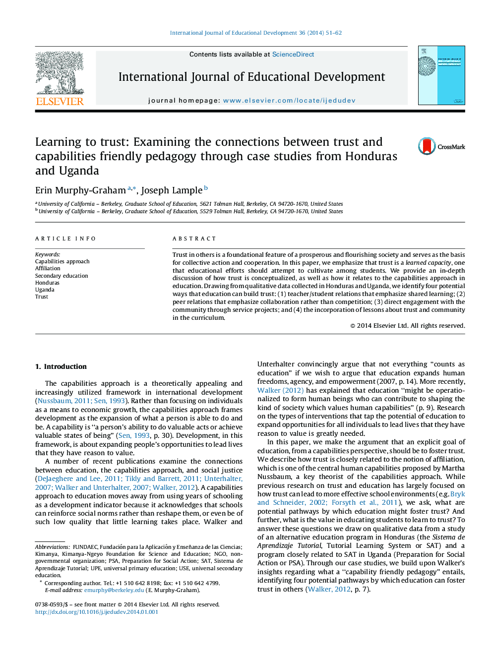 یادگیری به اعتماد کردن: بررسی ارتباط بین اعتماد و قابلیت تعلیم و تربیت دوستانه از طریق مطالعات موردی از هندوراس و اوگاندا