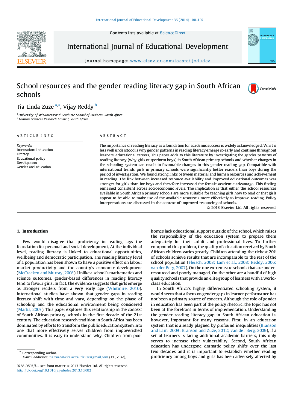 School resources and the gender reading literacy gap in South African schools