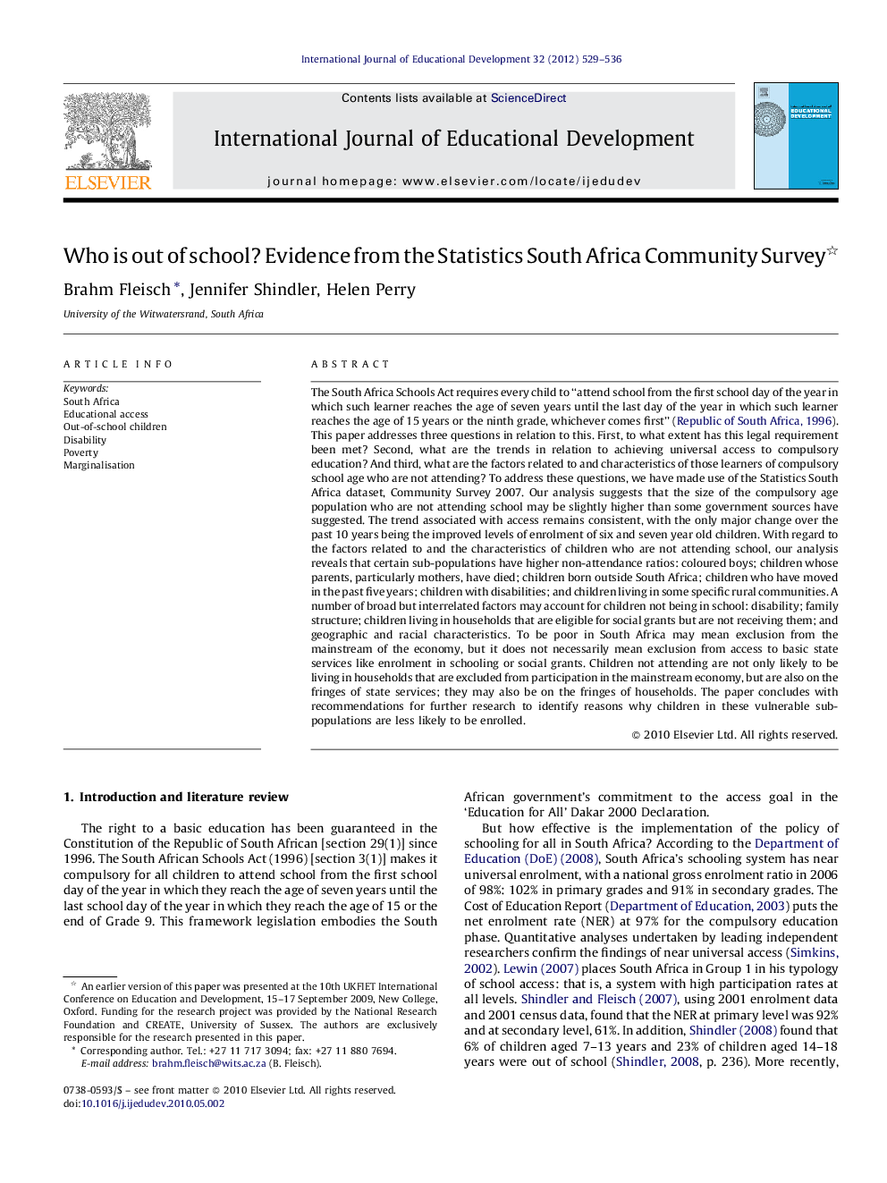 Who is out of school? Evidence from the Statistics South Africa Community Survey 