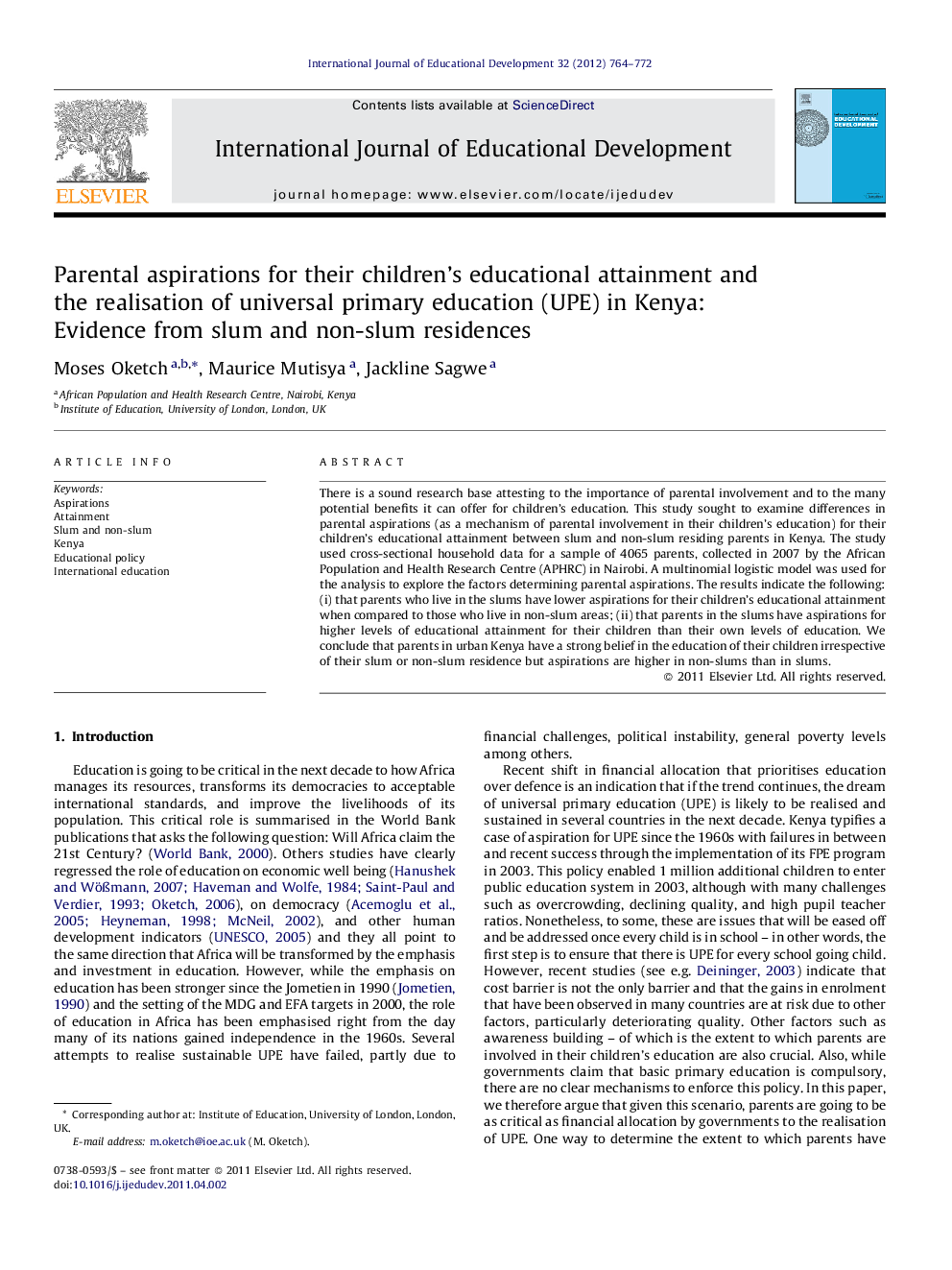 Parental aspirations for their children's educational attainment and the realisation of universal primary education (UPE) in Kenya: Evidence from slum and non-slum residences