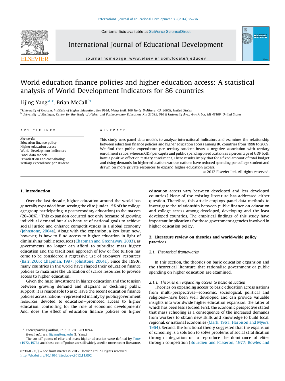 World education finance policies and higher education access: A statistical analysis of World Development Indicators for 86 countries