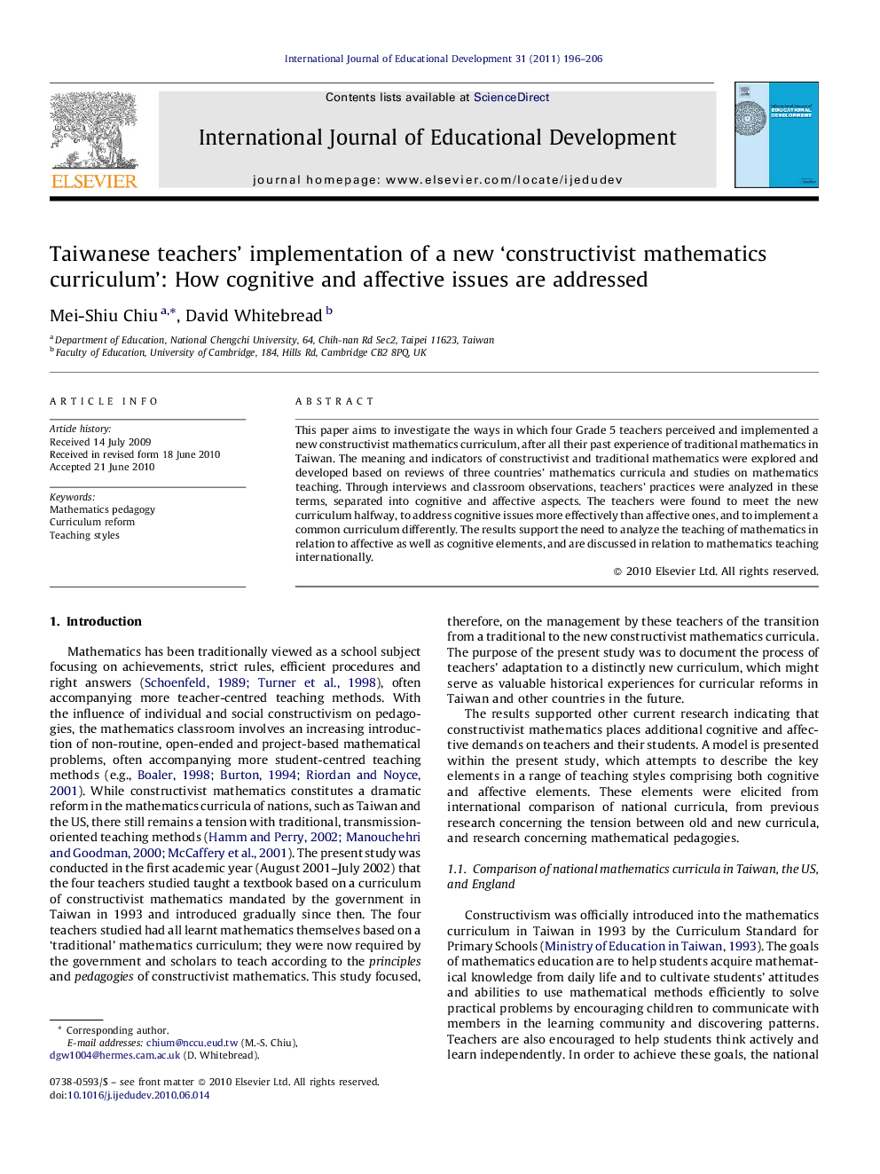 Taiwanese teachers’ implementation of a new ‘constructivist mathematics curriculum’: How cognitive and affective issues are addressed