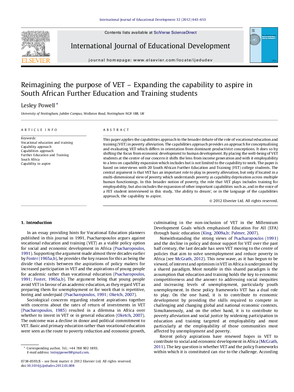 Reimagining the purpose of VET – Expanding the capability to aspire in South African Further Education and Training students