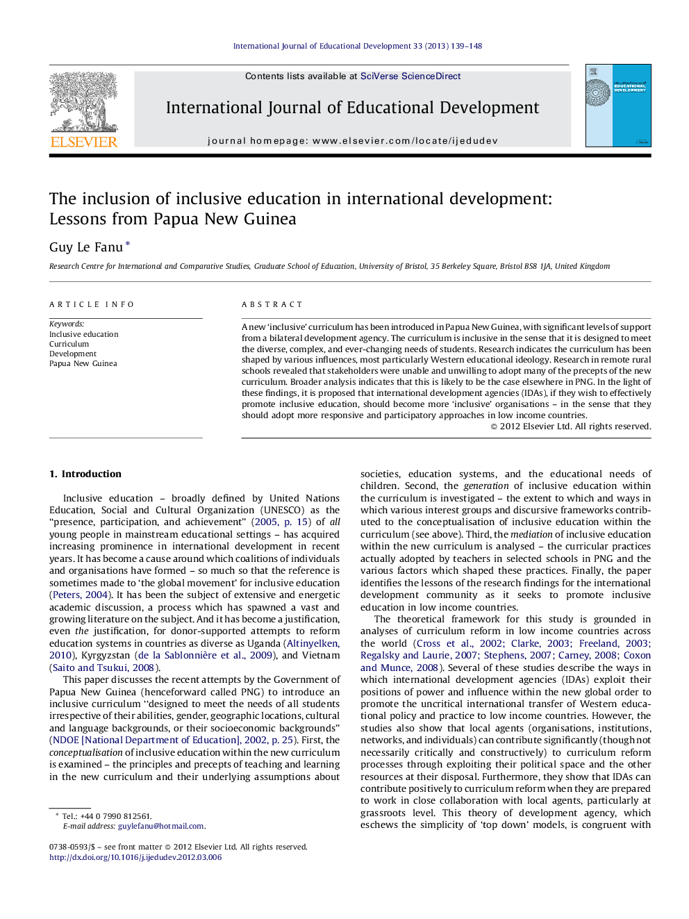 The inclusion of inclusive education in international development: Lessons from Papua New Guinea