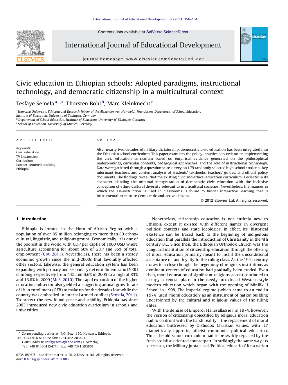 Civic education in Ethiopian schools: Adopted paradigms, instructional technology, and democratic citizenship in a multicultural context