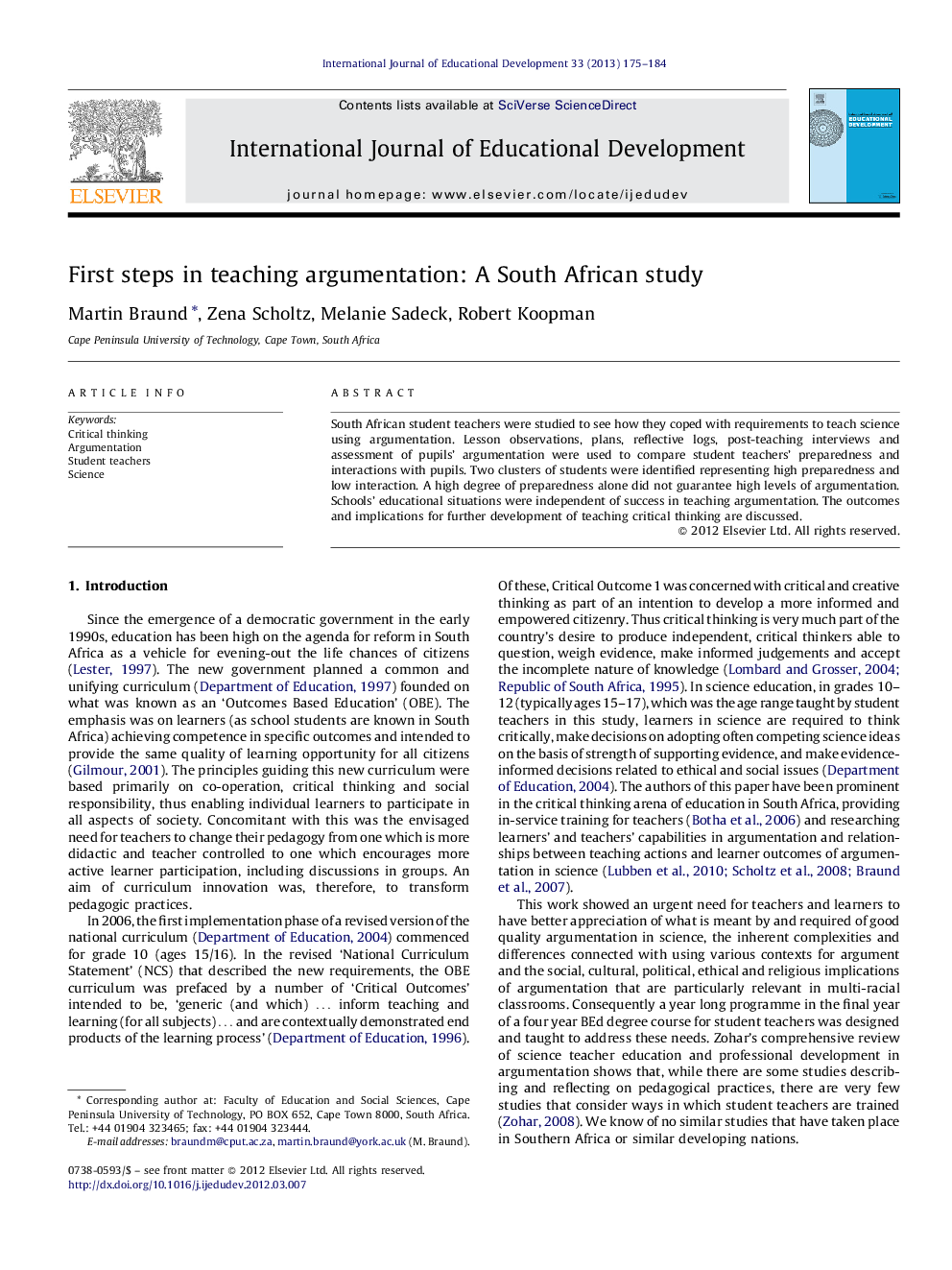 First steps in teaching argumentation: A South African study