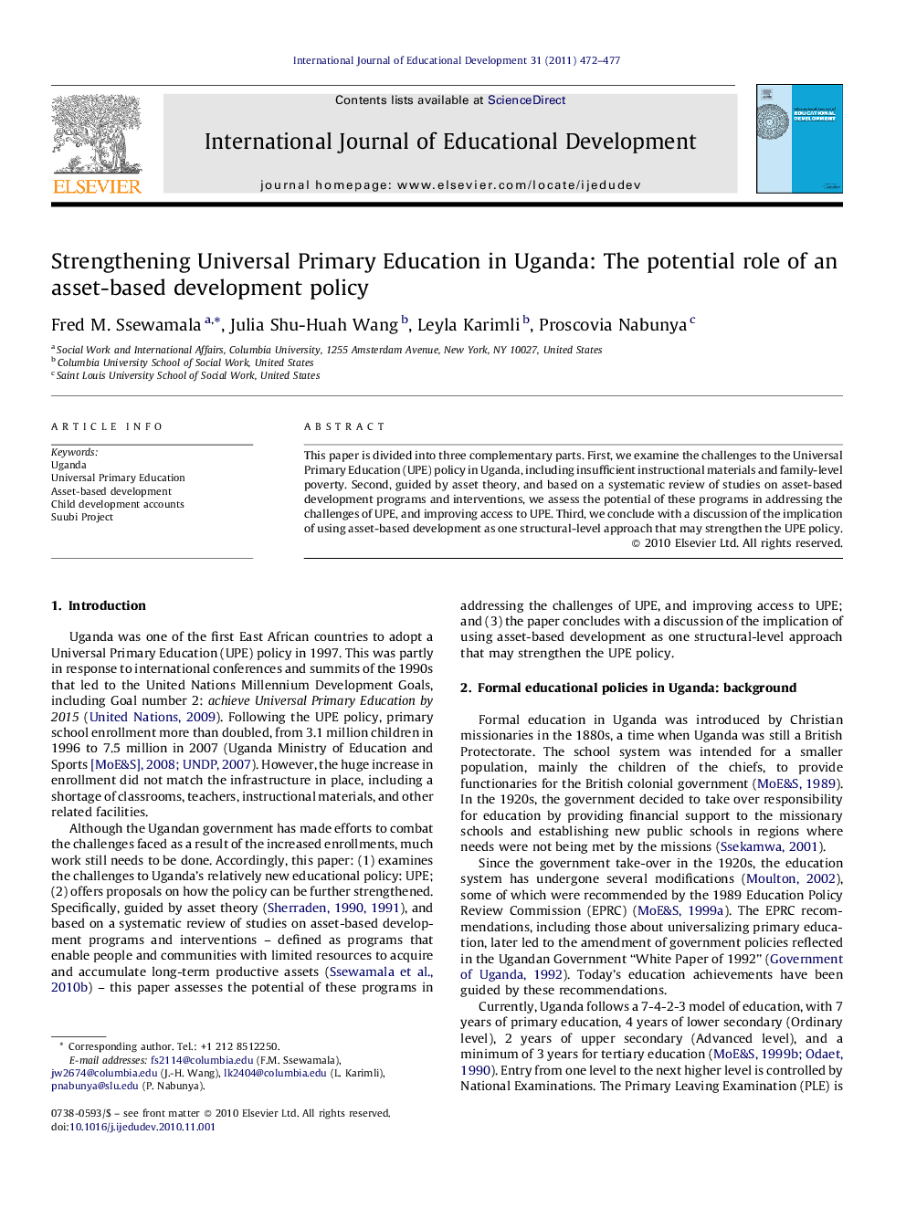 Strengthening Universal Primary Education in Uganda: The potential role of an asset-based development policy