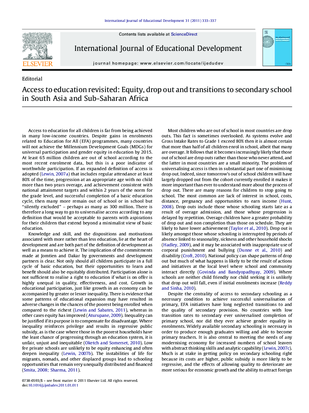 عکس صفحه اول مقاله: Access to education revisited: Equity, drop out and transitions to secondary school in South Asia and Sub-Saharan Africa Access to education revisited: Equity, drop out and transitions to secondary school in South Asia and Sub-Saharan Africa