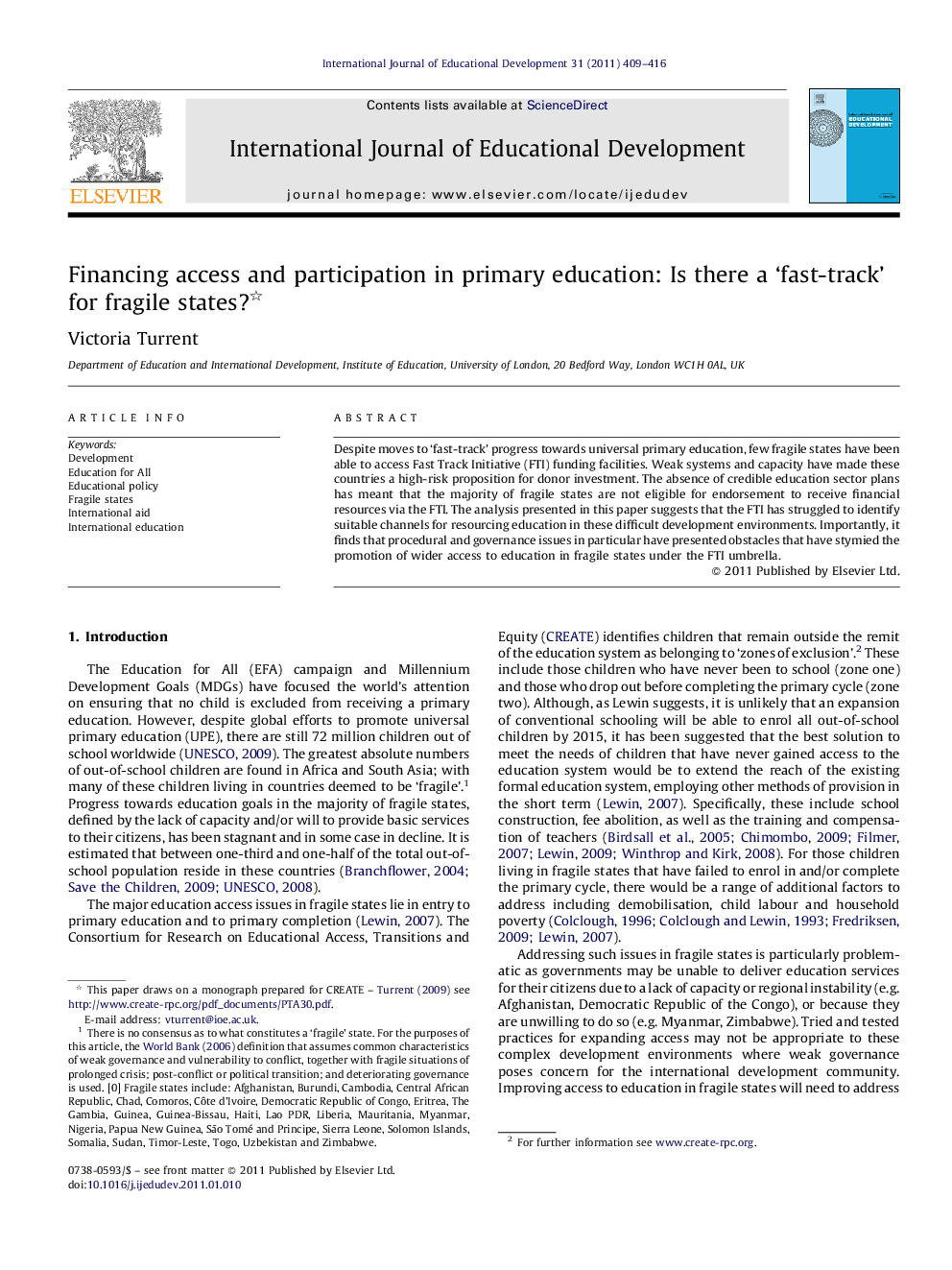 Financing access and participation in primary education: Is there a ‘fast-track’ for fragile states? 