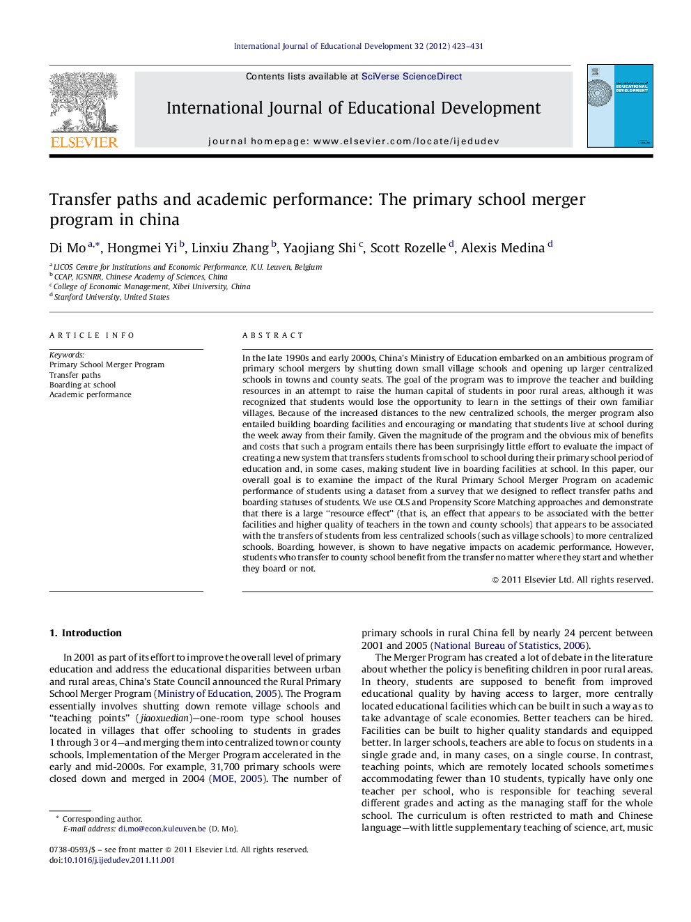 Transfer paths and academic performance: The primary school merger program in china