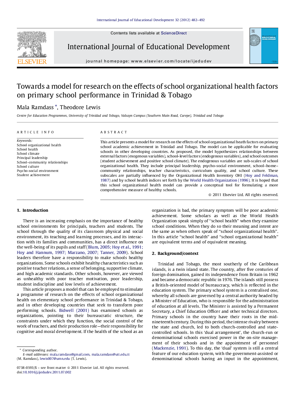 Towards a model for research on the effects of school organizational health factors on primary school performance in Trinidad & Tobago