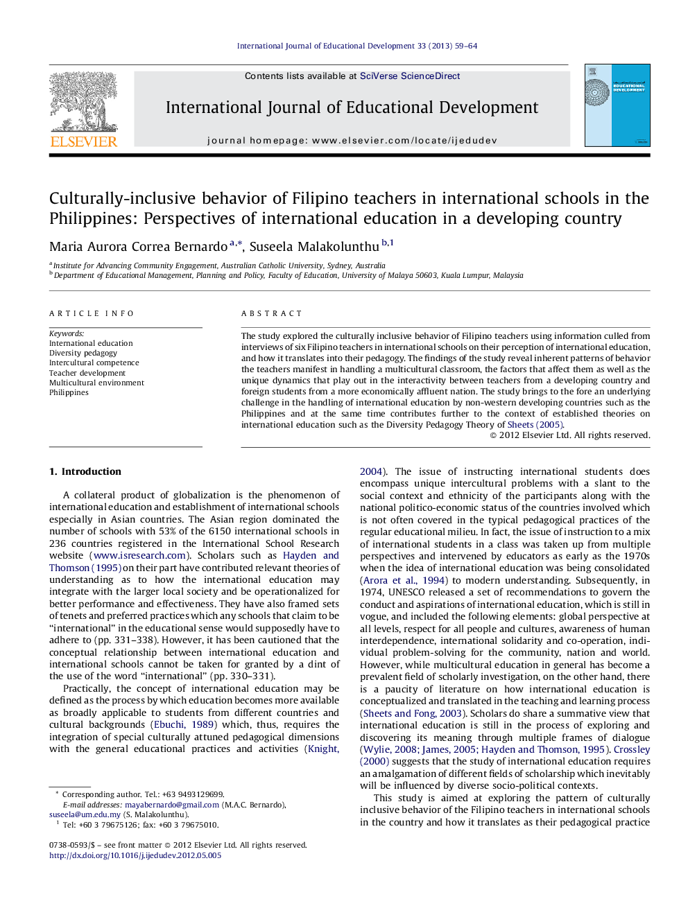 Culturally-inclusive behavior of Filipino teachers in international schools in the Philippines: Perspectives of international education in a developing country