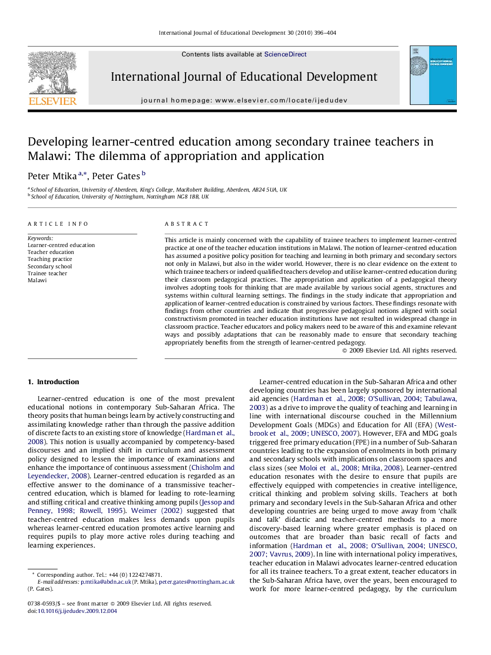 Developing learner-centred education among secondary trainee teachers in Malawi: The dilemma of appropriation and application