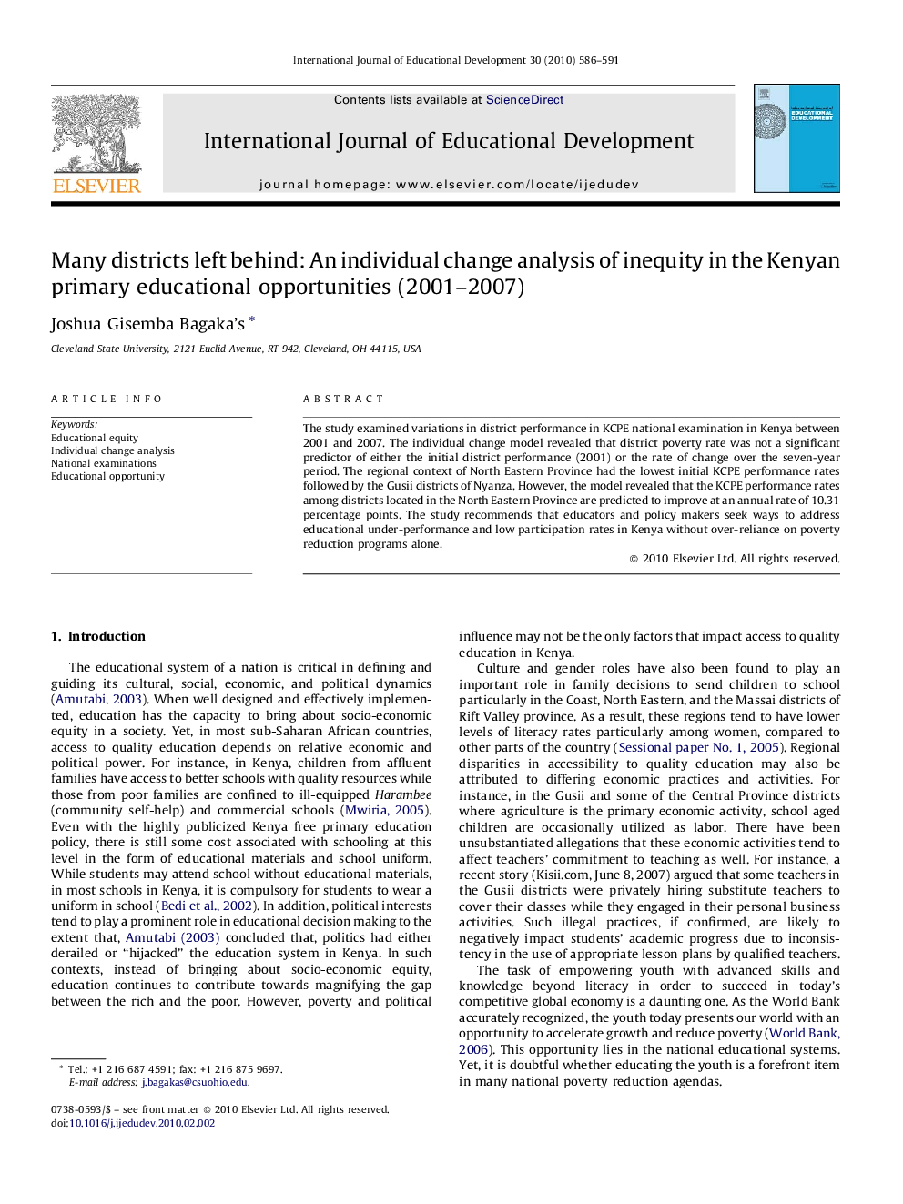 Many districts left behind: An individual change analysis of inequity in the Kenyan primary educational opportunities (2001–2007)