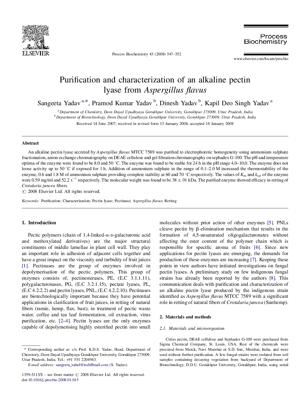 Purification and characterization of an alkaline pectin lyase from Aspergillus flavus