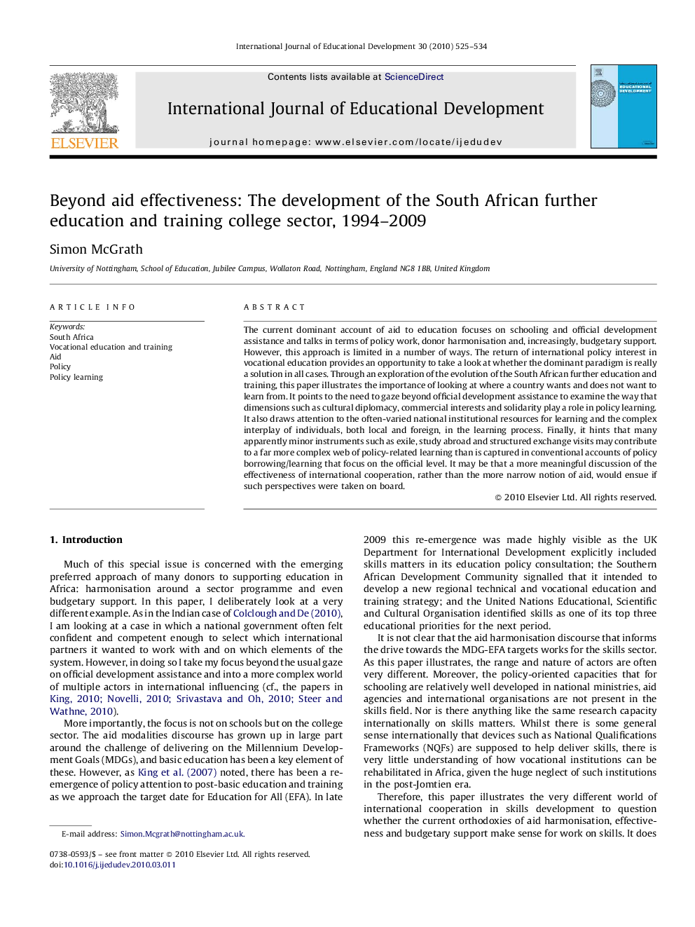 Beyond aid effectiveness: The development of the South African further education and training college sector, 1994–2009