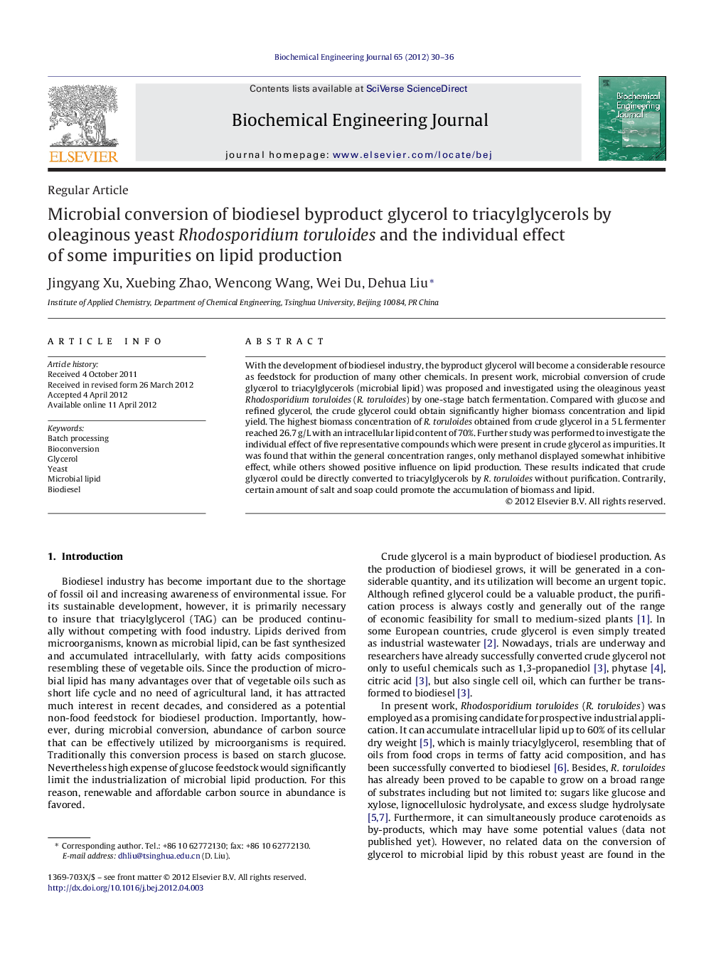 Microbial conversion of biodiesel byproduct glycerol to triacylglycerols by oleaginous yeast Rhodosporidium toruloides and the individual effect of some impurities on lipid production