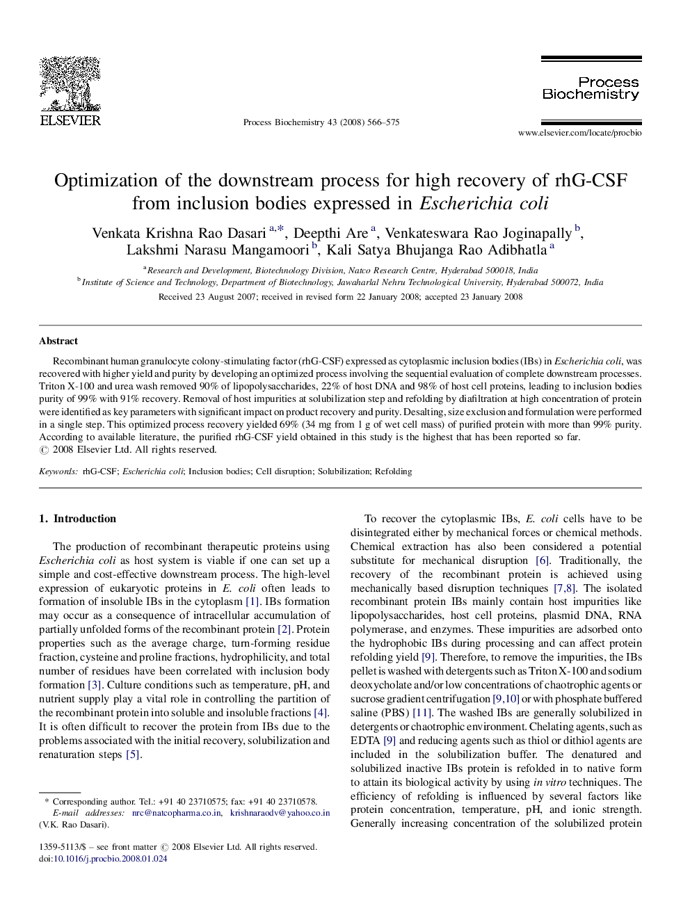 Optimization of the downstream process for high recovery of rhG-CSF from inclusion bodies expressed in Escherichia coli